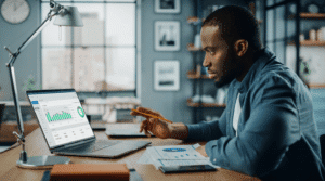 A man works on a data dashboard on his laptop.