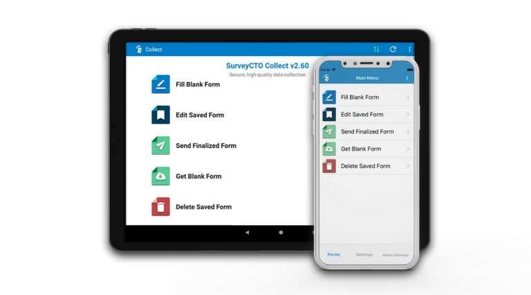 A tablet and a smartphone, both showing the SurveyCTO interface.