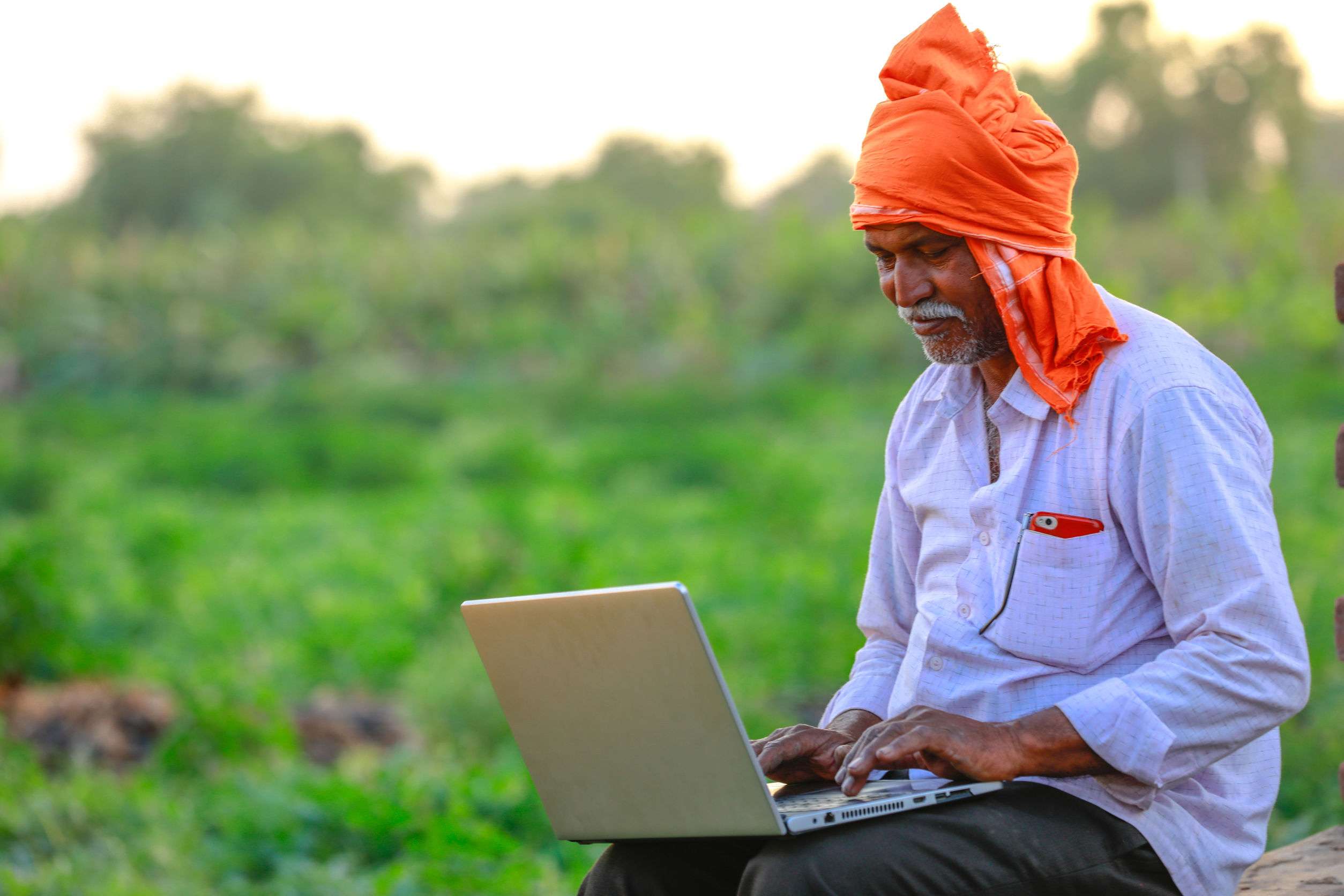 Man in bright orange turban works on research in a field.