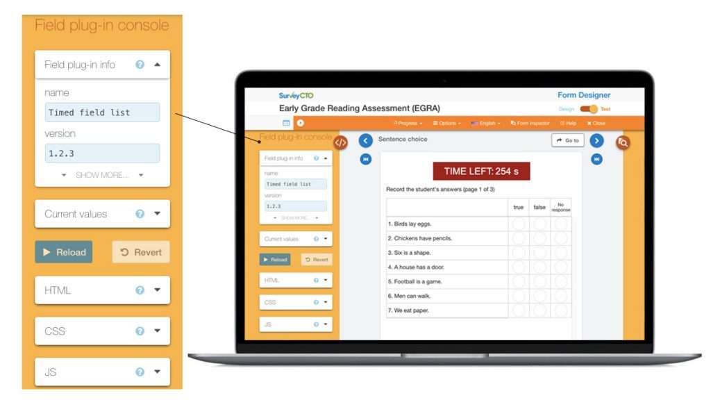 SurveyCTO’s new field plug-in console on the test view of the online form designer.