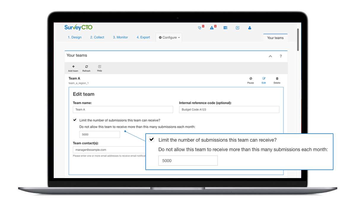 Setting per-team submission limits and adding team contacts in the Configure tab.