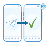 Two mobile phones are next to each other, one with a paper plane icon and one with a checkmark icon. An arrow points from the left phone to the right, and an internet icon in the top righthand corner is crossed out, indicating the phones are offline.
