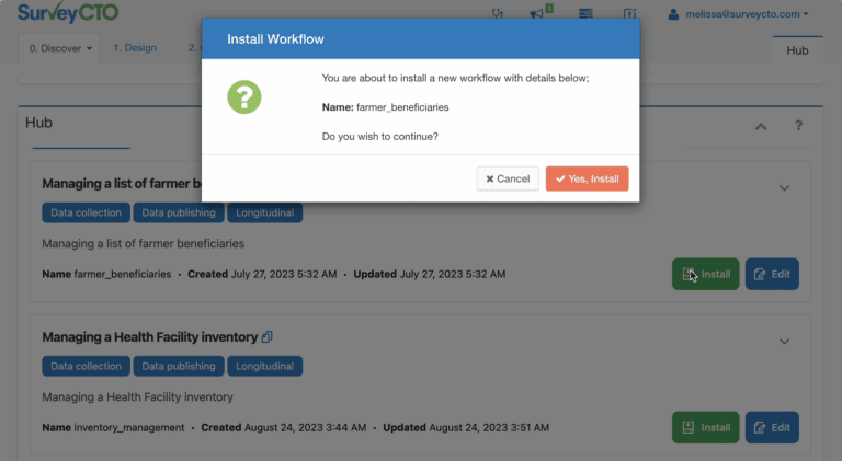 Installing a workflow for tracking farmer beneficiaries of an agricultural program in the Hub.