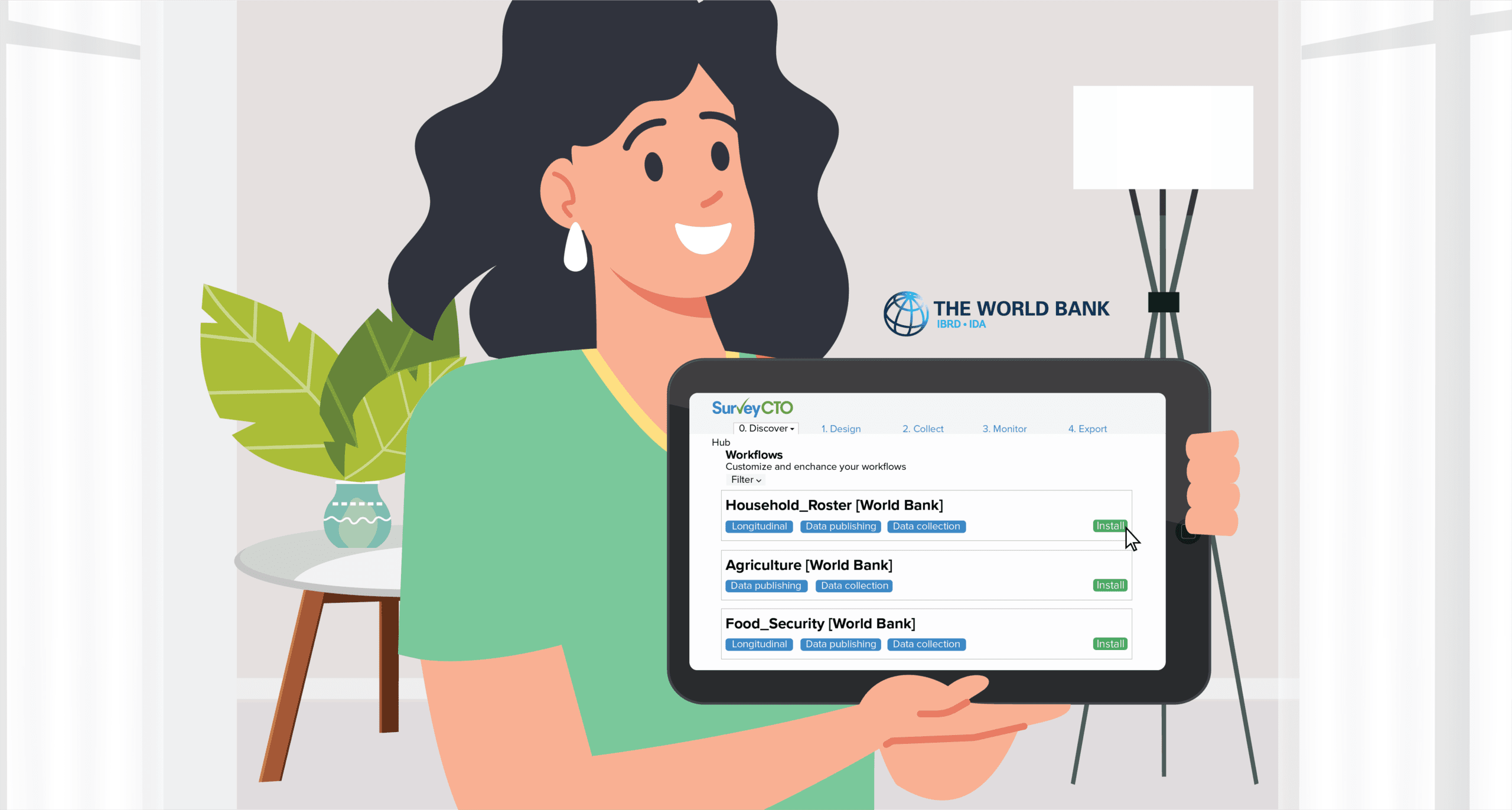 Animation of woman holding up a tablet displaying templates from the World Bank's DIME group in SurveyCTO's Hub.
