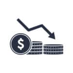 Money reduction line icon. Stacks of coins, cash, graph, arrow down. Investment concept.