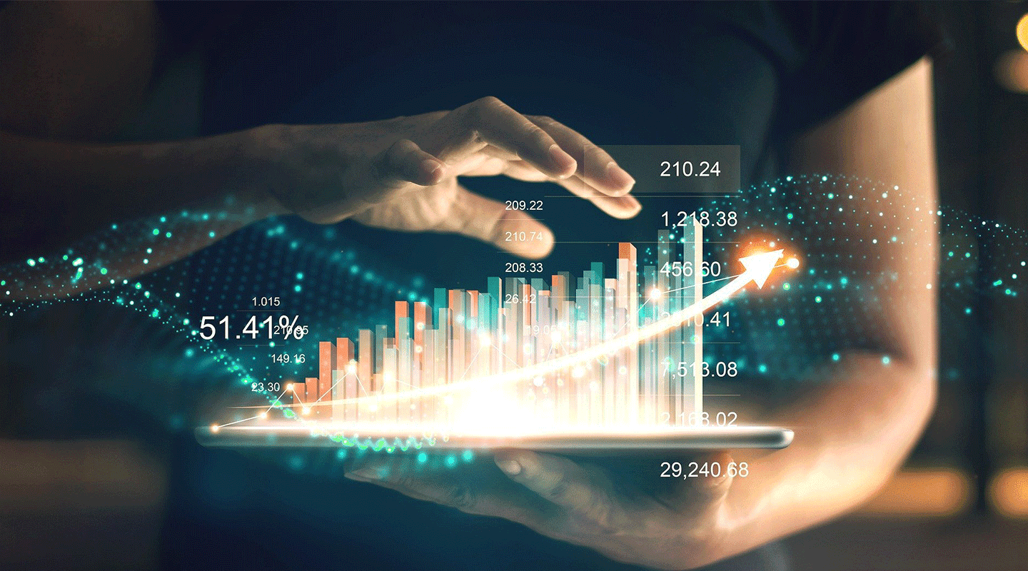 Arms holding 3-D image of data dashboard.