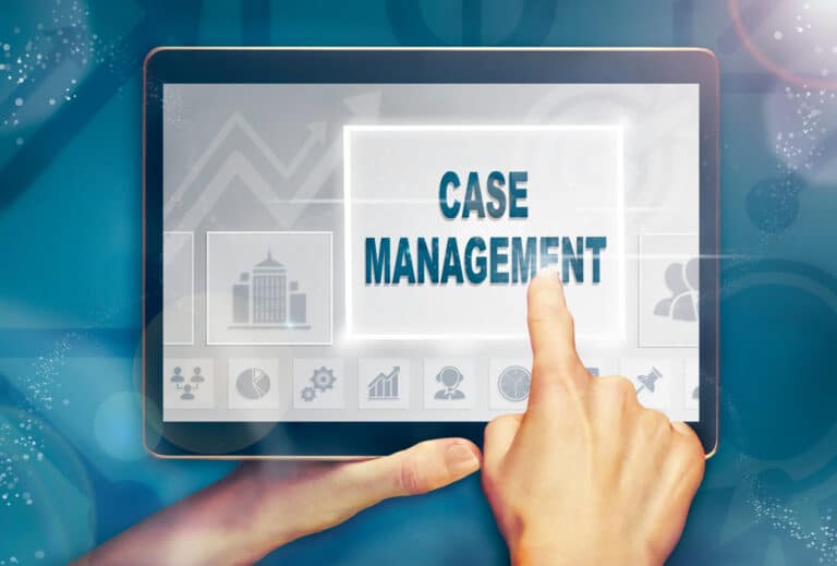 A hand holding a computer tablet and pressing a case management business concept.