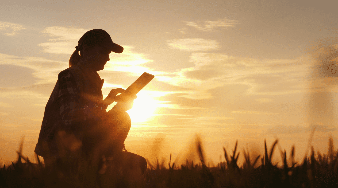 Young woman farmer studying the seedlings of a plant in a field, using a tablet.