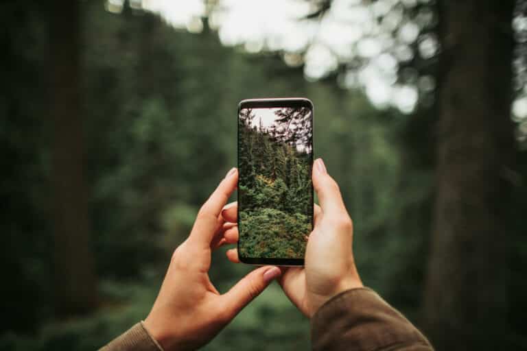 Close up of mobile phone in arms of young lady isolated on blurred background.